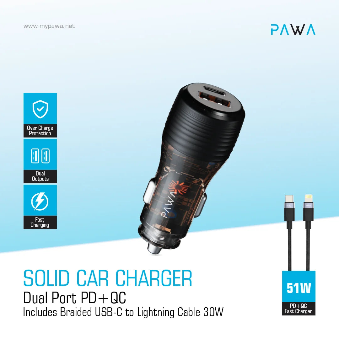 Pawa Solid Car Charger Dual Port PD+QC 51W With Braided Type-C To Lightning Cable