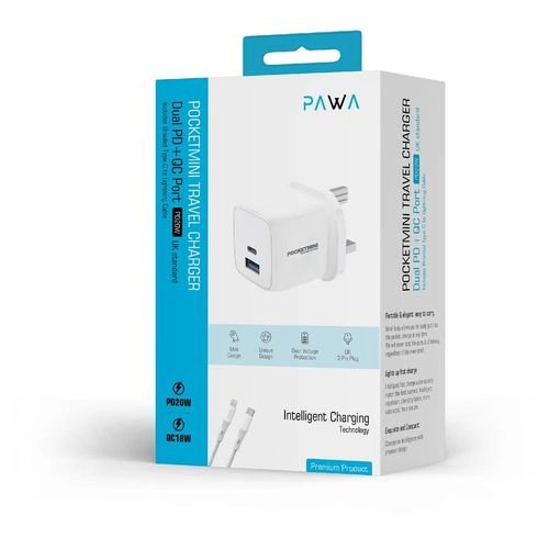 Pawa Pocketmini PD20W PD+QC Adapter with Braided USB-C to Lightning Cable