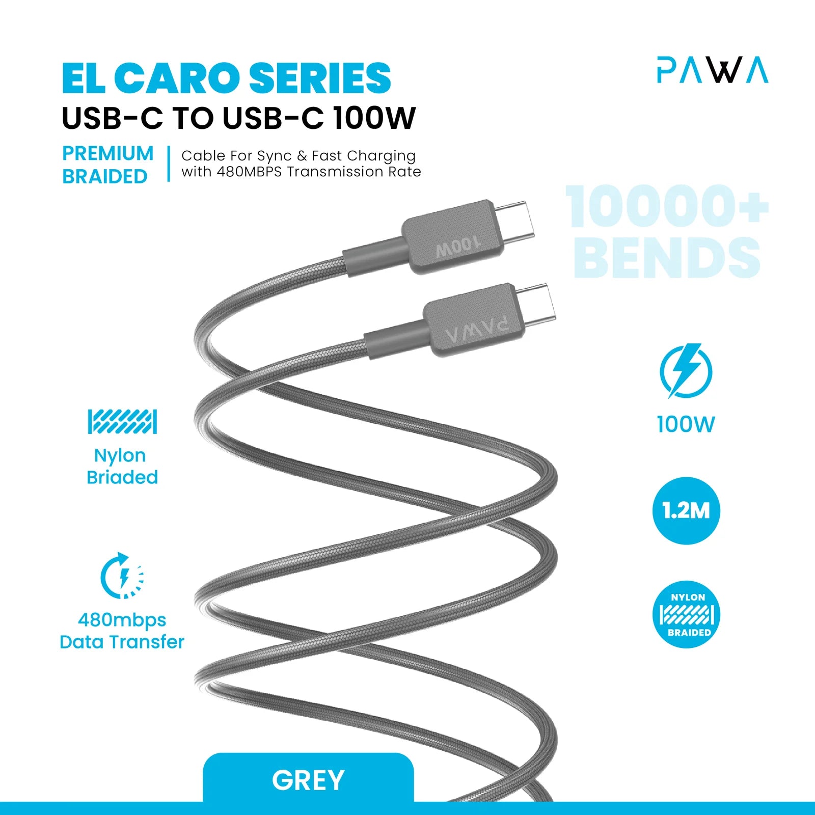 Pawa El-Caro Premium Braided Cable USB-C To USB-C 100W 1.2M - Grey