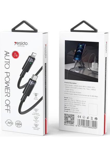 Yesido Ca159 1.2M 27W Pd To Lightning Auto Power Off Cable
