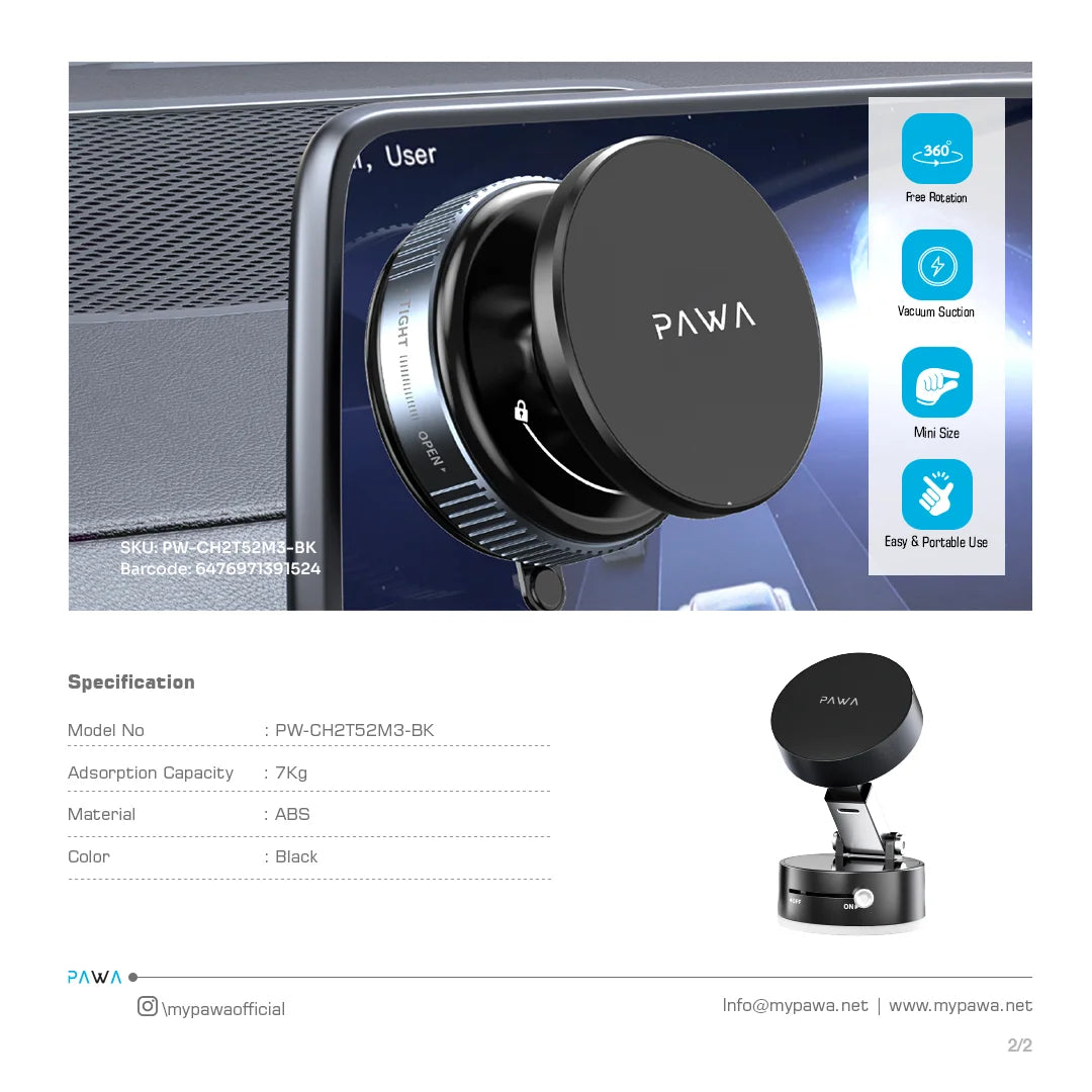 Pawa Vacuum Suction Phone mount with N56 Magnet