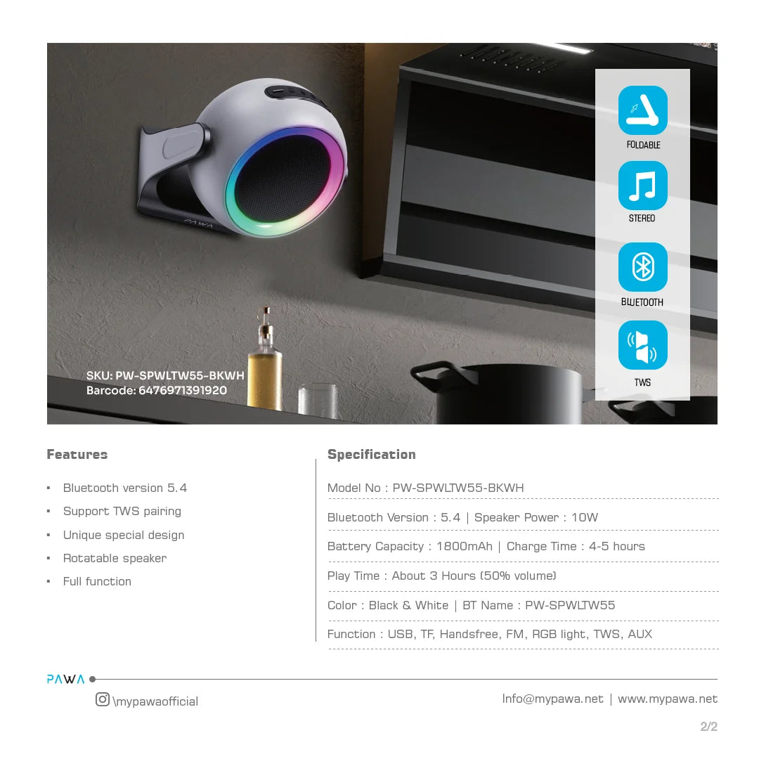 Pawa Aria Wall & Desktop Speaker with RGB Light.