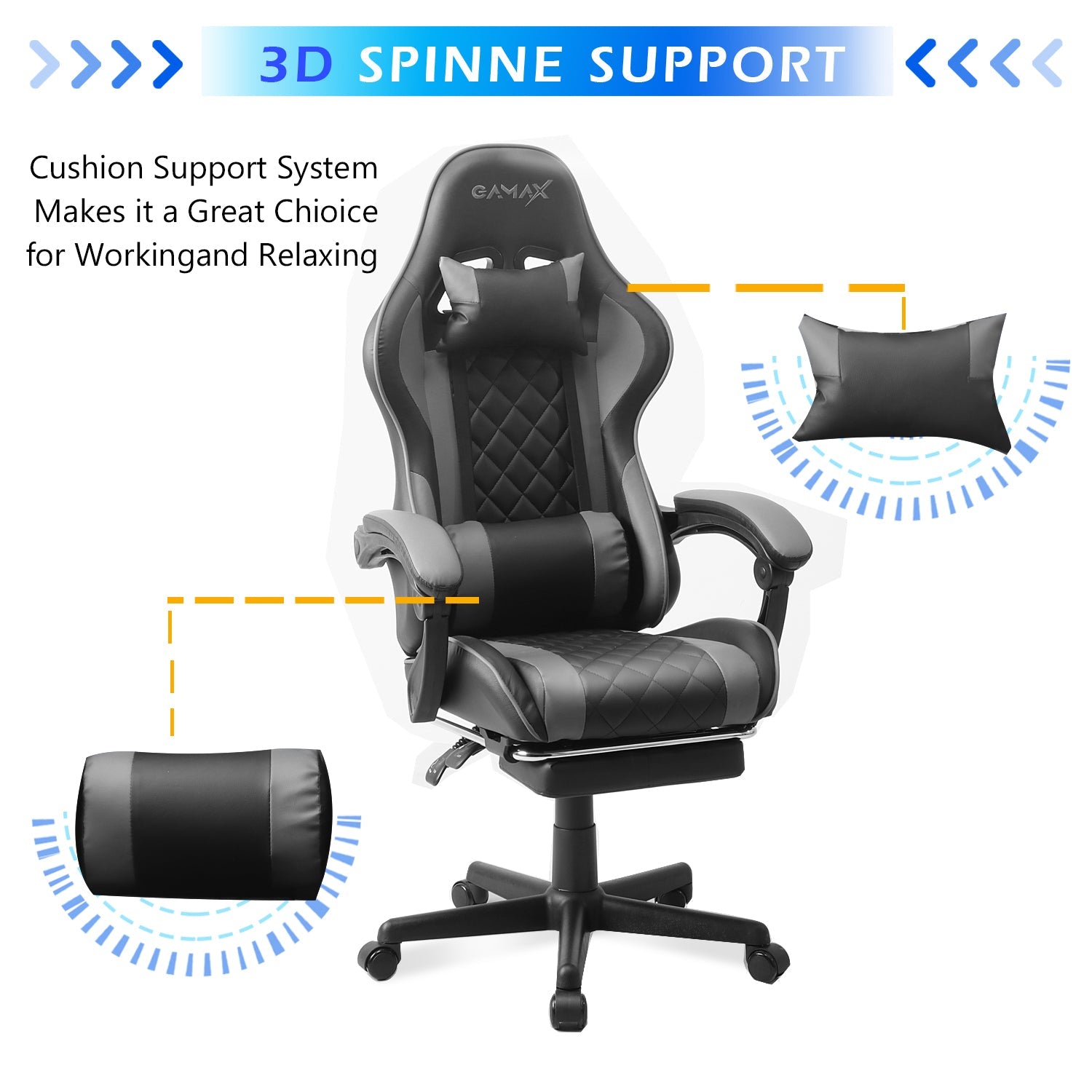 Gamax Gaming Chair Model 1-LT001L مع مسند الذراعين ومسند القدمين الأسود والرمادي القابل للاحتفاظ به