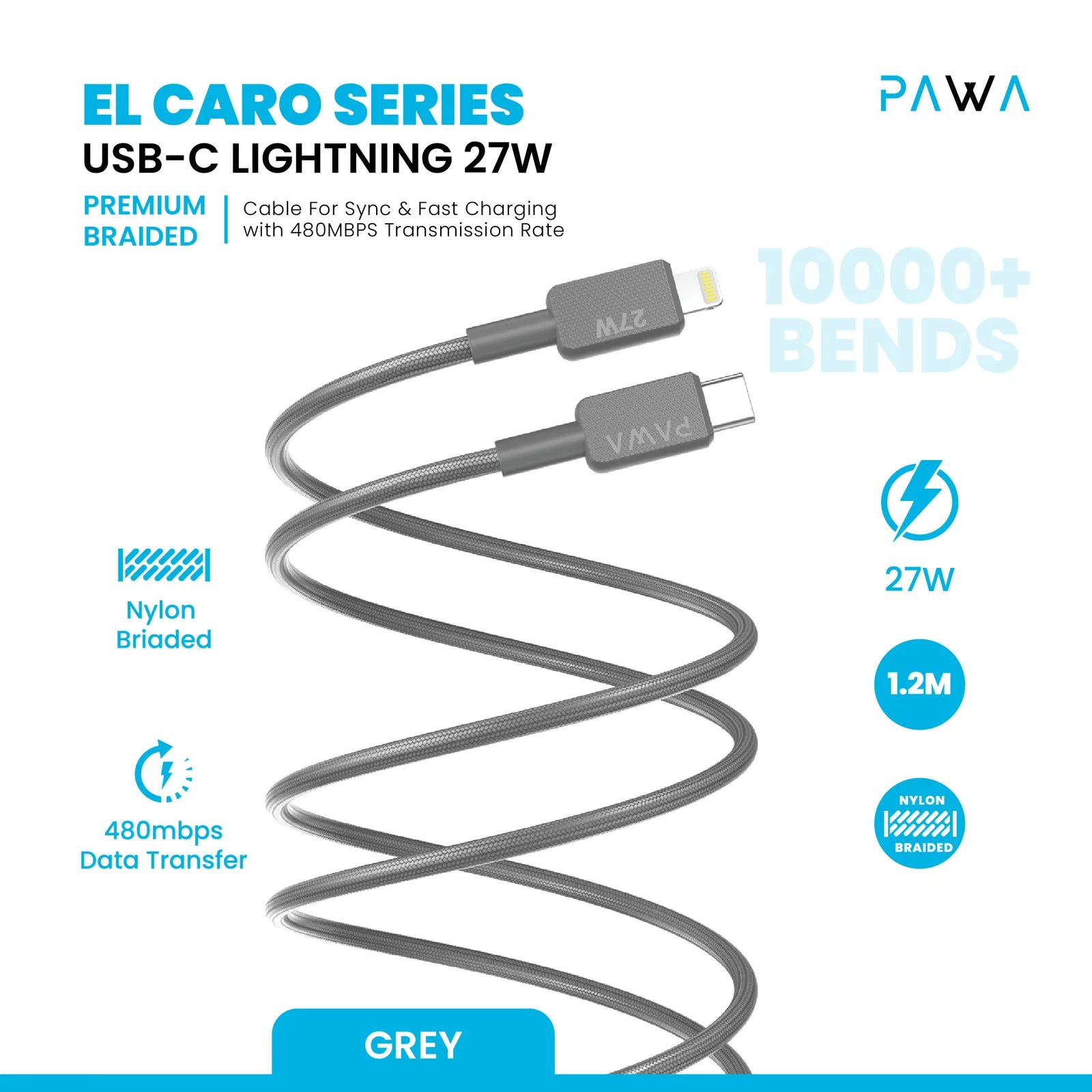 Pawa El-Caro Premium Braided Cable USB-C To Lightning 27W 1.2M - Grey
