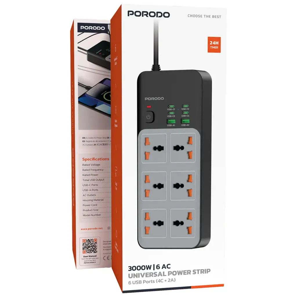 Porodo 3000W | 6AC Universal Power Strip with 6 USB Ports (4C + 2A) -Gray