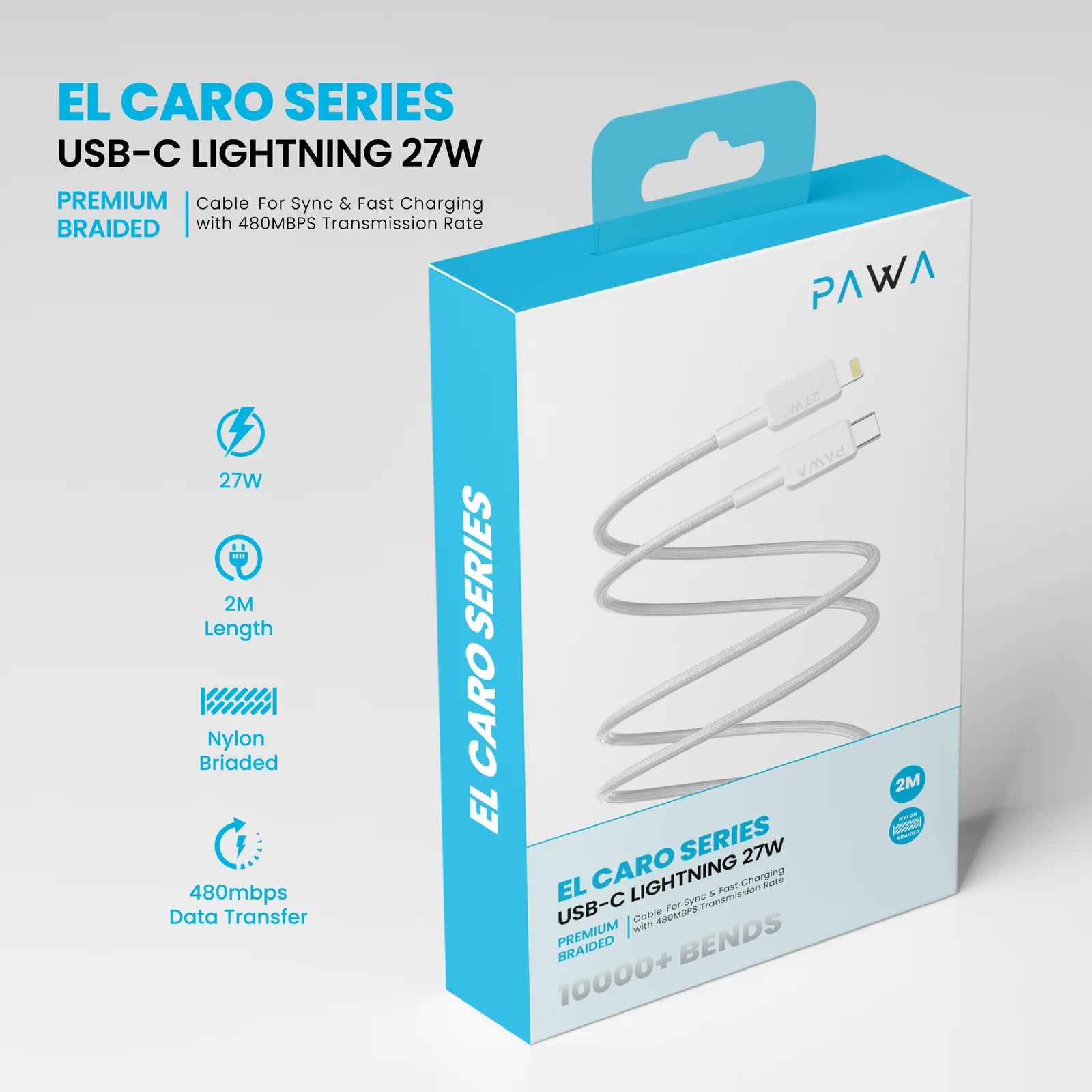 Pawa El-Caro Premium Braided Cable USB-C To Lightning 27W 2M - White