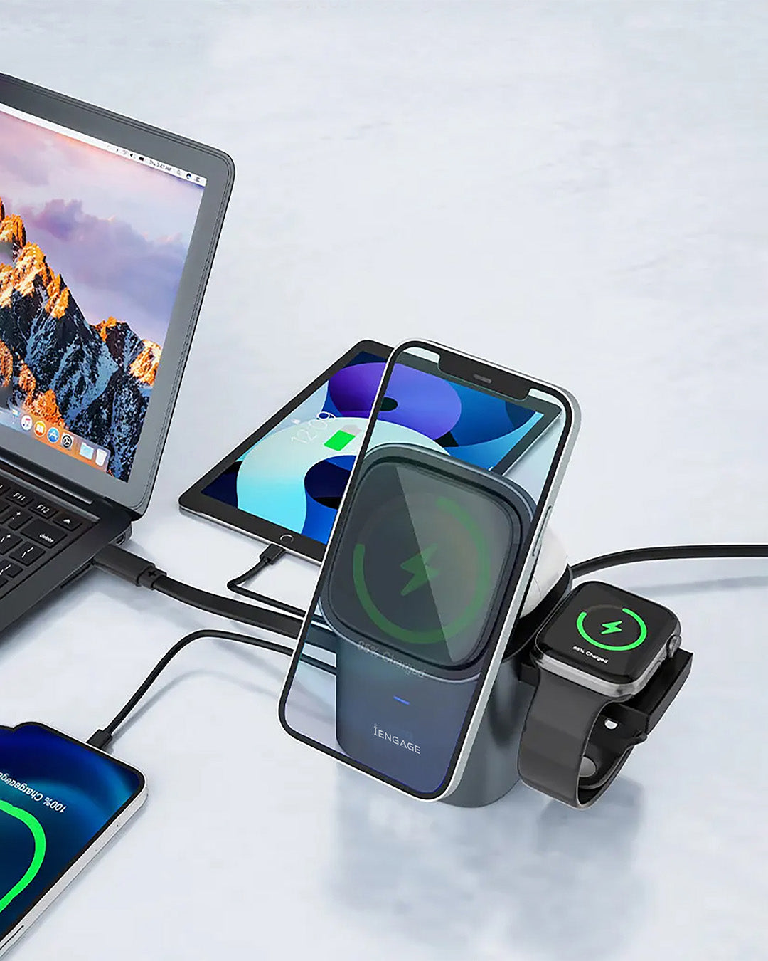 iEngage 6-In-1 Desktop Wireless Charger W/ USB Ports And Retractable cable(80W)