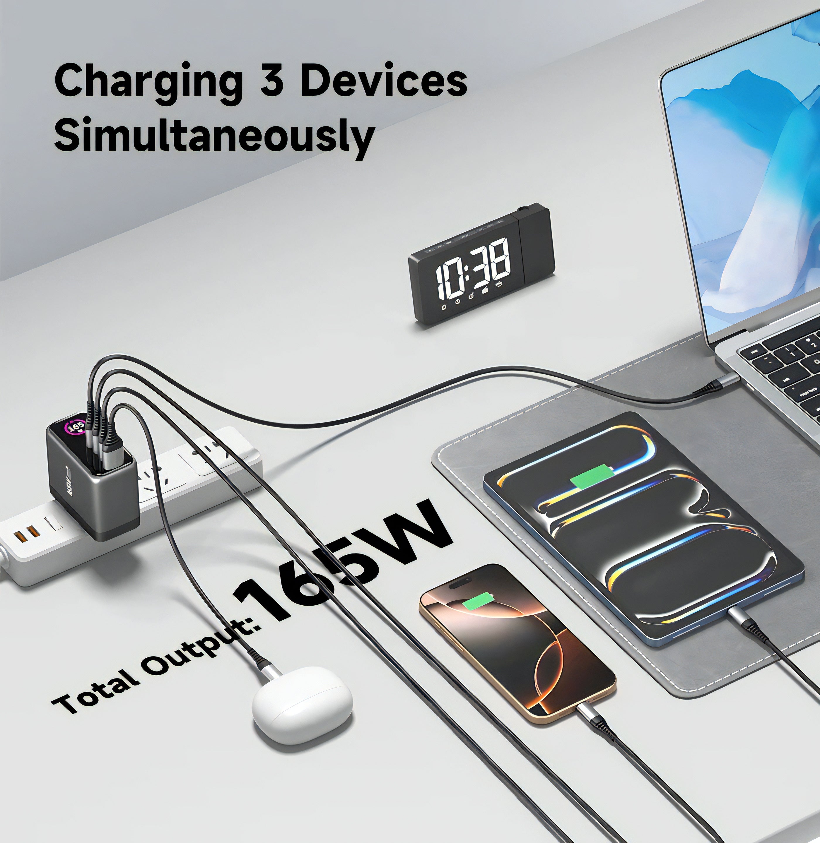 Iengage 165W Tft Pd Charger (Triple Usb-C + Usb-A) W/ Interchangeable Uk/Eu Plug