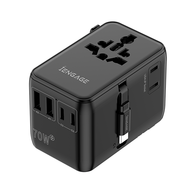 INGAGE 70W Universal Travel Adapter (2x USB-C/A المنافذ) (كابل USB-C القابل للسحب)