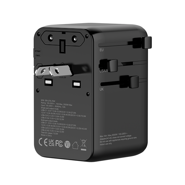 INGAGE 70W Universal Travel Adapter (2x USB-C/A المنافذ) (كابل USB-C القابل للسحب)