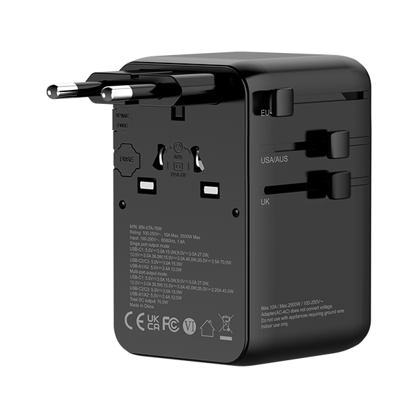 INGAGE 70W Universal Travel Adapter (2x USB-C/A المنافذ) (كابل USB-C القابل للسحب)