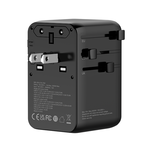 INGAGE 70W Universal Travel Adapter (2x USB-C/A المنافذ) (كابل USB-C القابل للسحب)