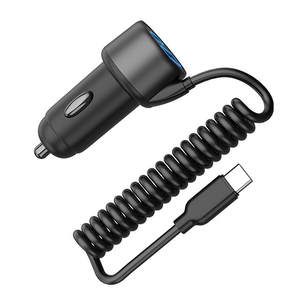 iENGAGE 3-In-1 55W Coiled Usb-C Cable Car Charger(Usb-C/Usb-A/Usb-C Cable)