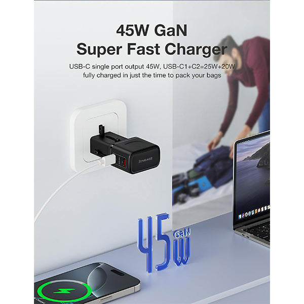 iENGAGE 45W Dual Usb-C Port Mini Universal Gan Power Adapter(Black)