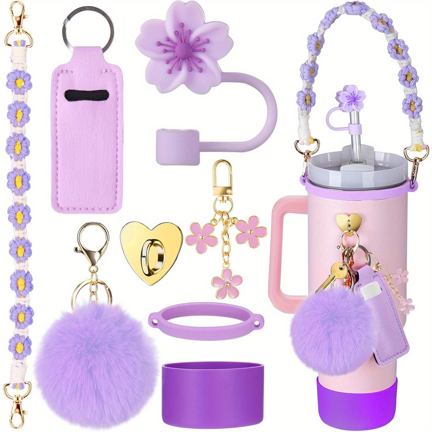 Accessory Set for Stanley 30oz/40oz Tumblers - Handle, Boot, Charms, Lid & Strap - Purple