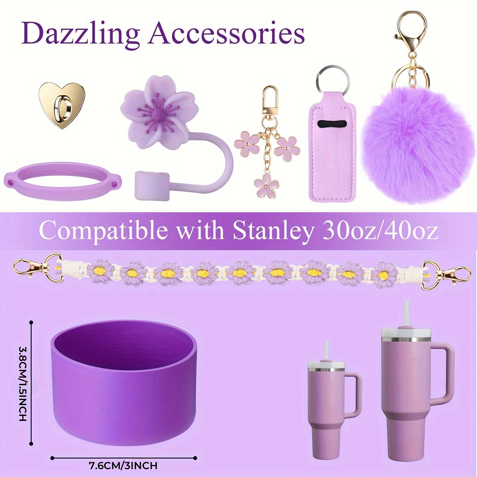 Accessory Set for Stanley 30oz/40oz Tumblers - Handle, Boot, Charms, Lid & Strap - Purple