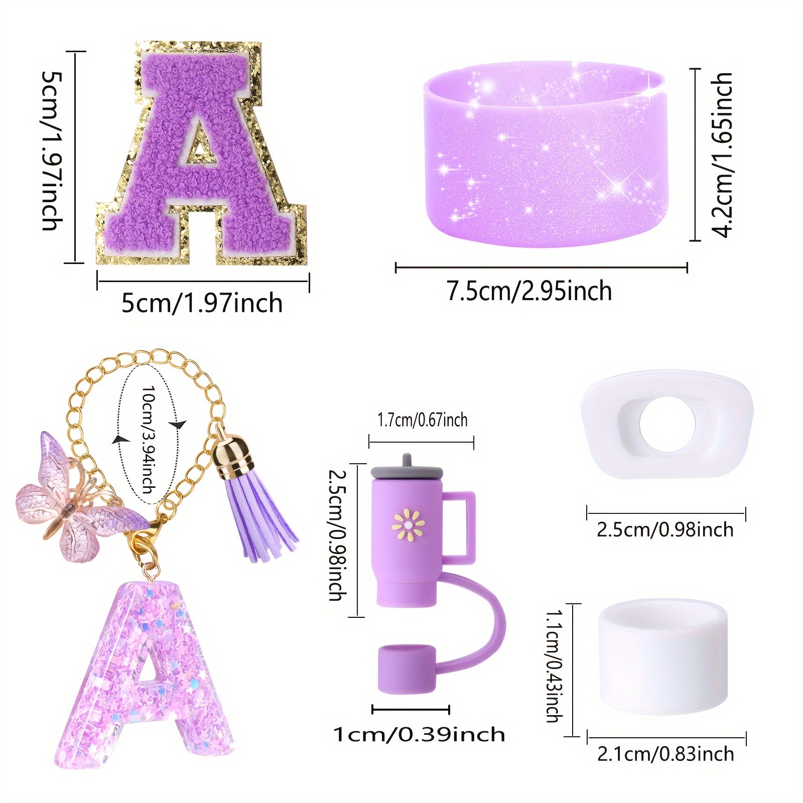 Decorative Initial letter with Leak proof Silicone Stoppers Set For Stanley Tumblers - Purple - A