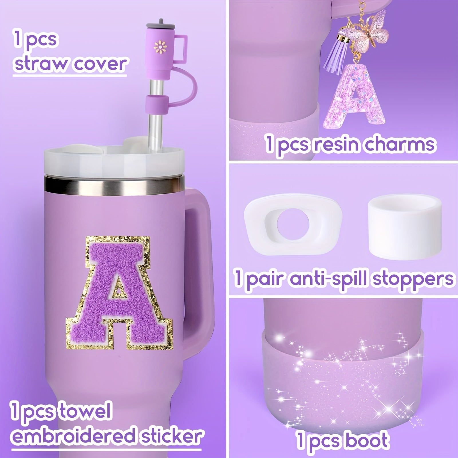 Decorative Initial letter with Leak proof Silicone Stoppers Set For Stanley Tumblers - Purple - A