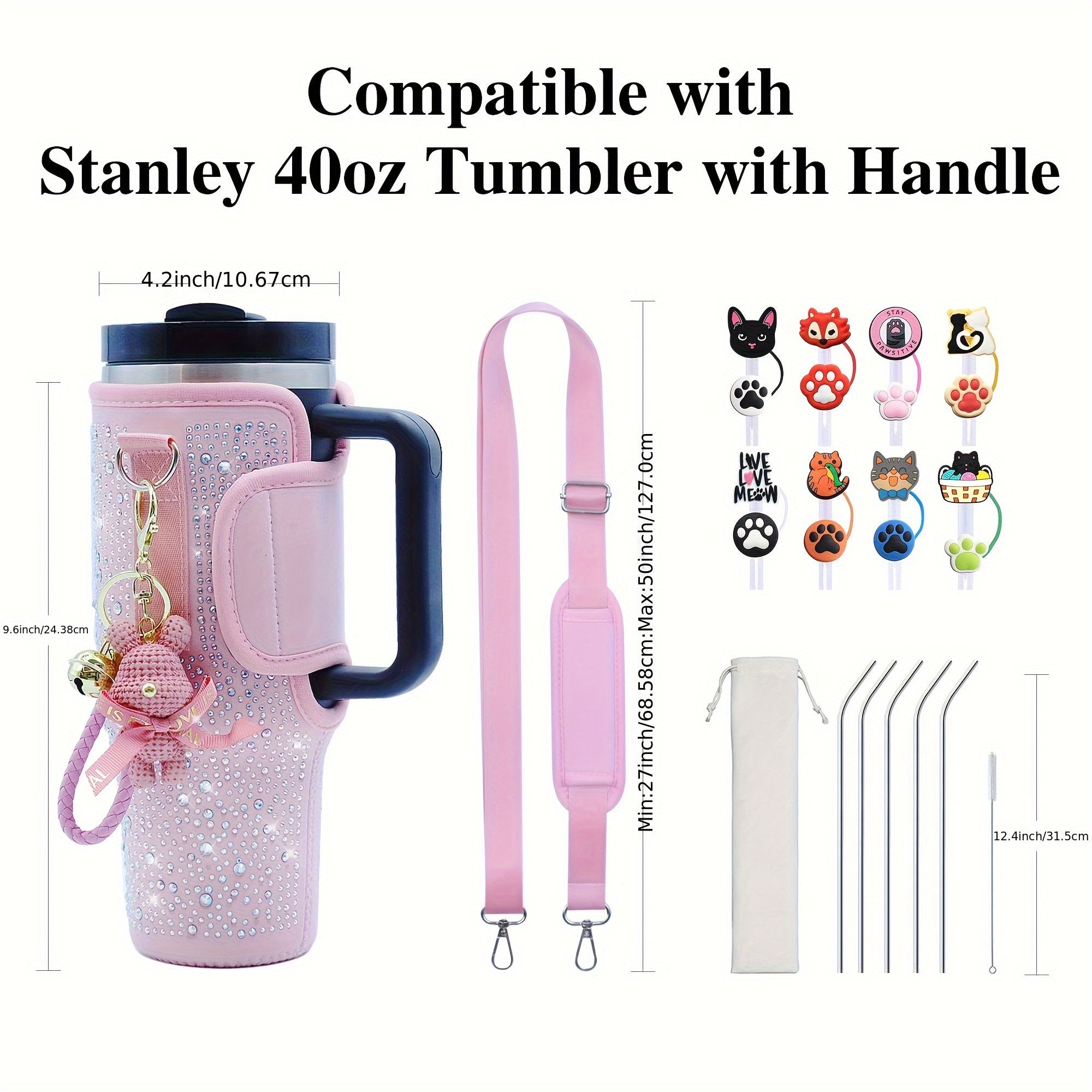 COMPATIBLE BAG/STRAP/STRAW/BRUSH/CAP & CHARM GIFT FOR STANLEY FOR 40OZ (PINK)