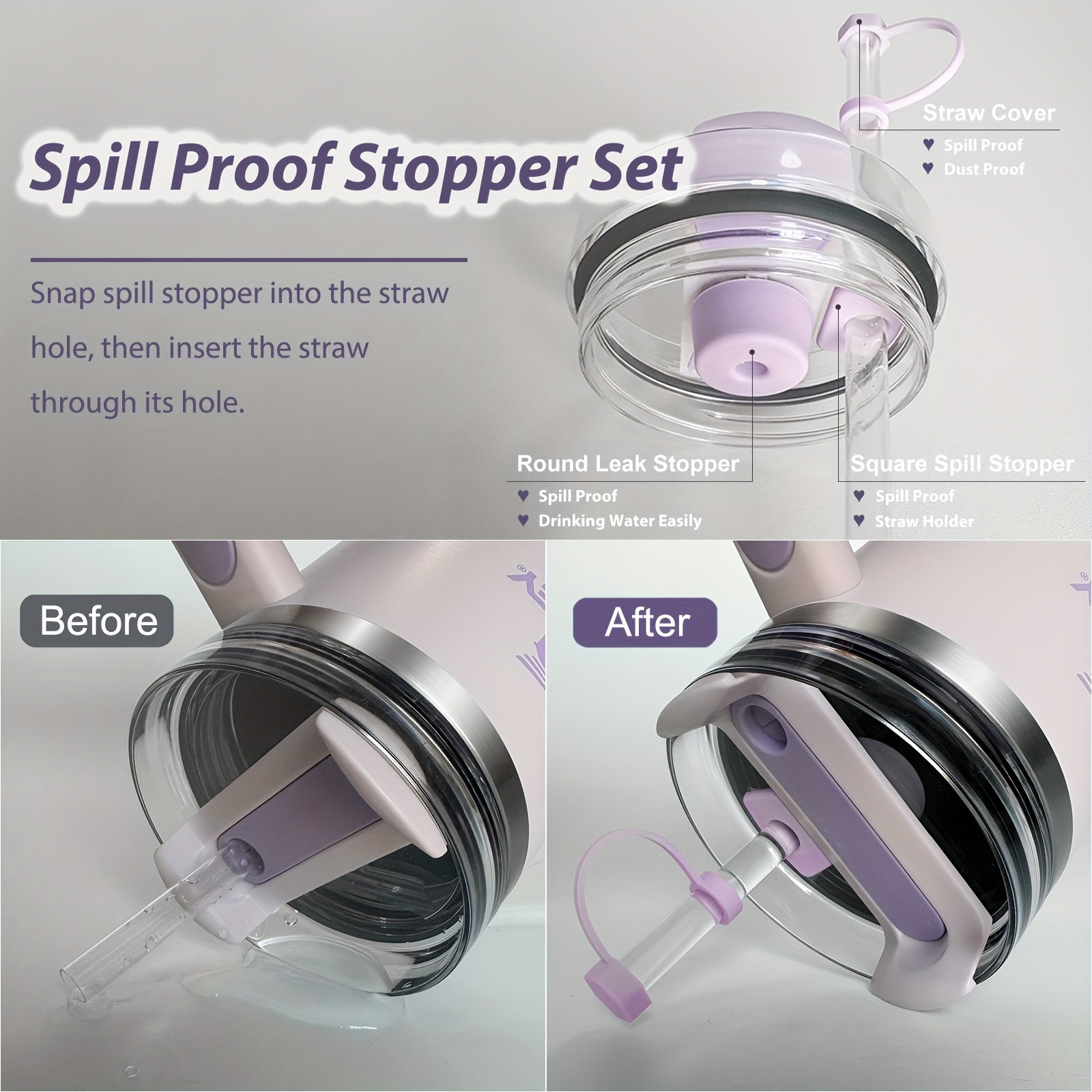 STANLEY KIT (ANTI-SPILL STOPPER CAPS-4PCS/STRAW COVERS-4PCS/BOOT) (LIGHT PURPLE)