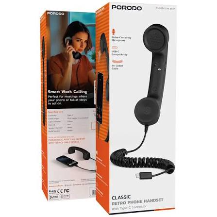 Porodo Classic Retro Type-C Phone Handset With Noise Cancelling - Black