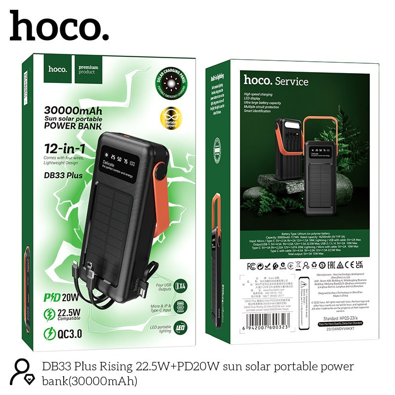 Hoco Solar Charging Portable Power Bank 30000mAh, Black - DB33 plus