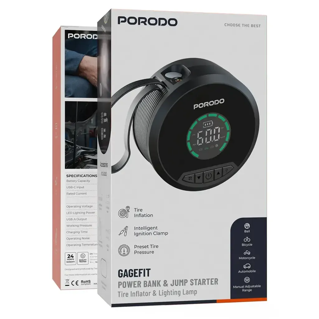 Porodo Gagefit Power Bank & Jump Starter with Tire Inflator & Lightning Lamp - Black