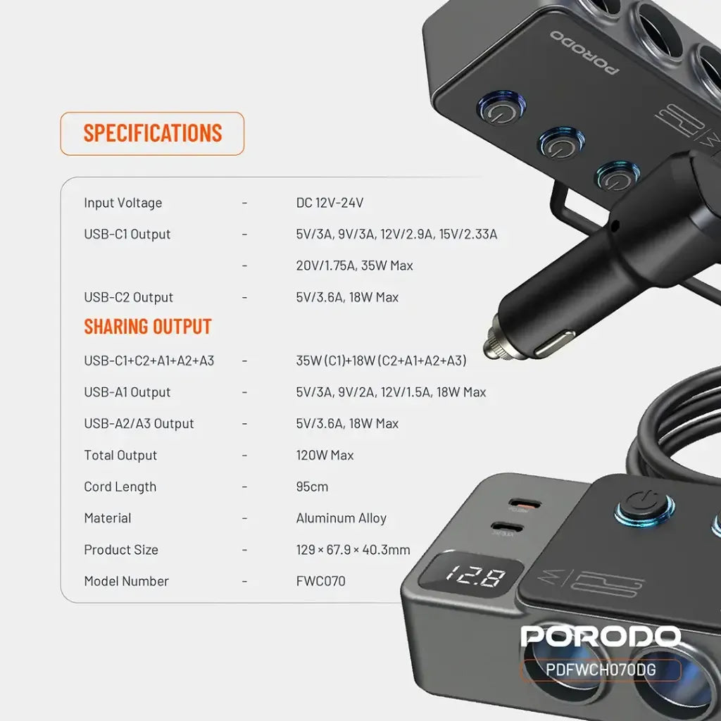 موزع شاحن سيارة Porodo بقدرة 120W مع ثلاث منافذ ومنفذ ولاعة - رمادي داكن 
