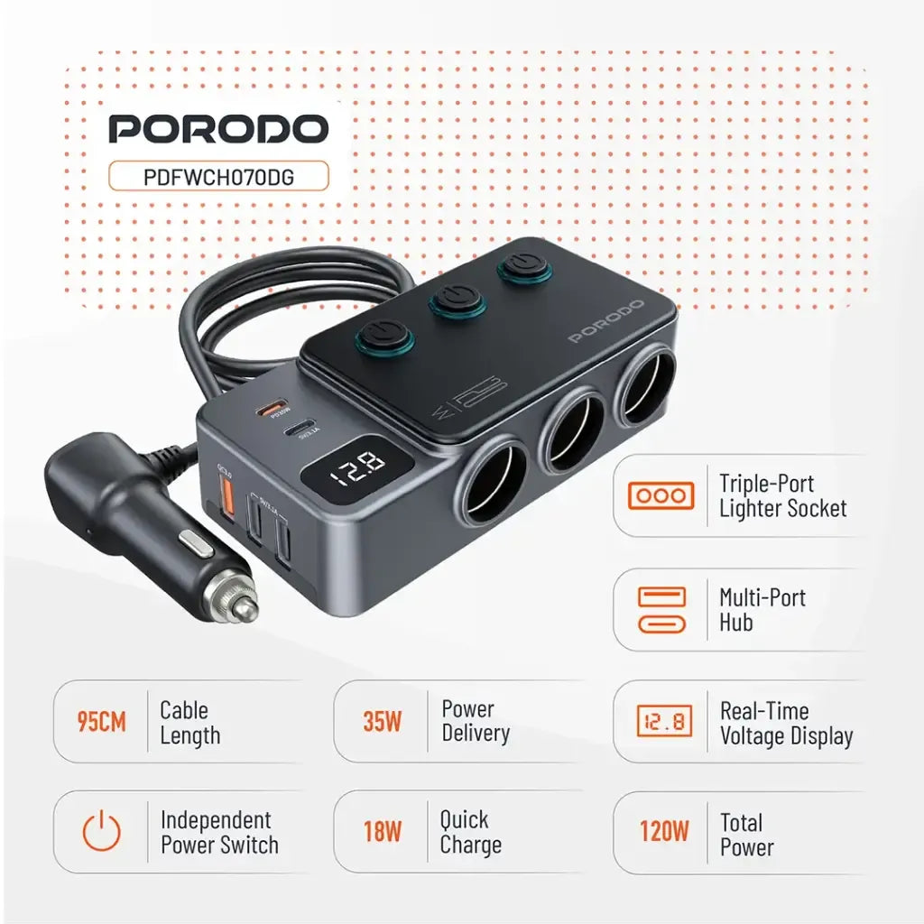 موزع شاحن سيارة Porodo بقدرة 120W مع ثلاث منافذ ومنفذ ولاعة - رمادي داكن 