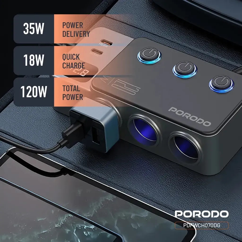 موزع شاحن سيارة Porodo بقدرة 120W مع ثلاث منافذ ومنفذ ولاعة - رمادي داكن 