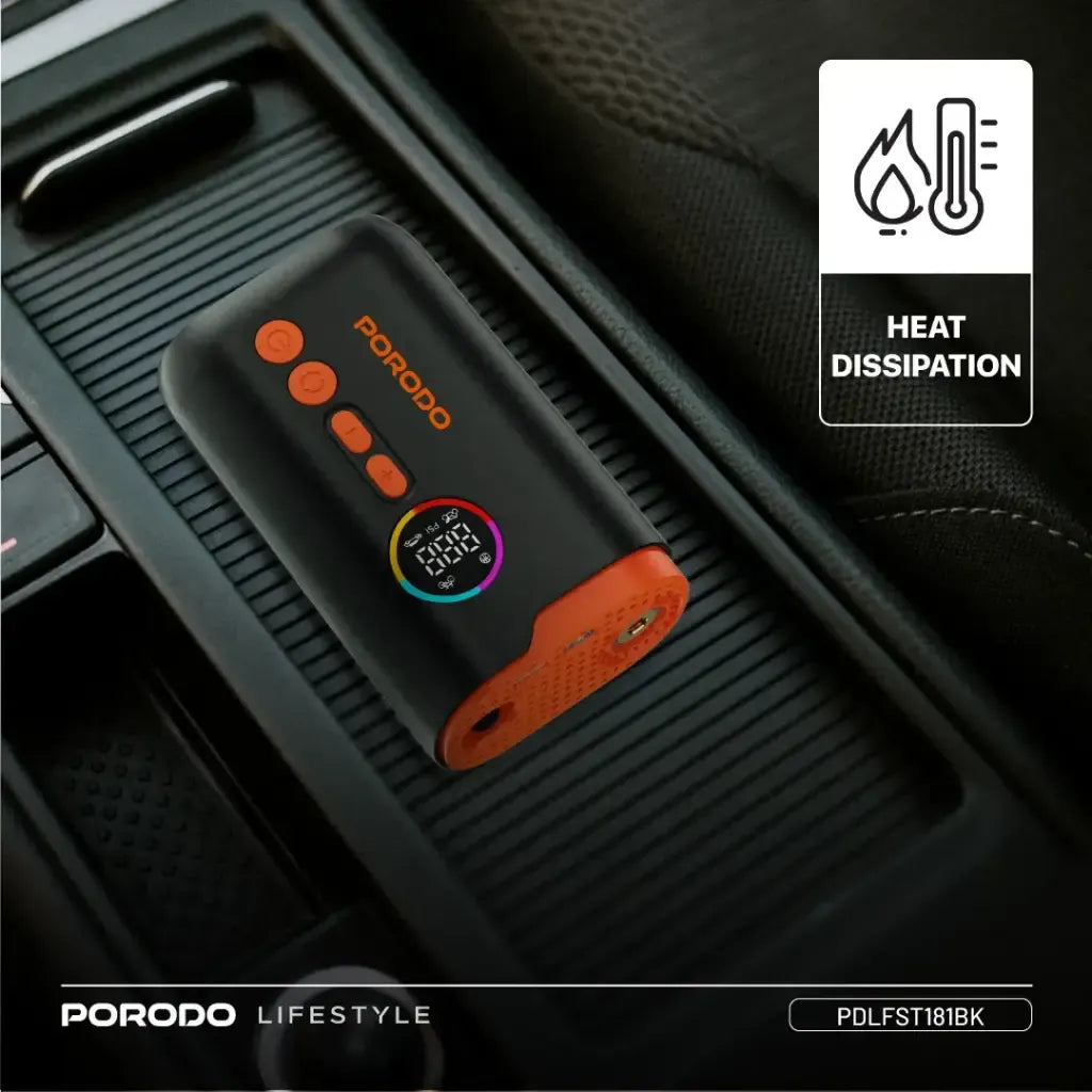منفاخ هواء كهربائي Porodo Lifestyle بقوة ضغط عالية ومصباح مدمج - أسود 