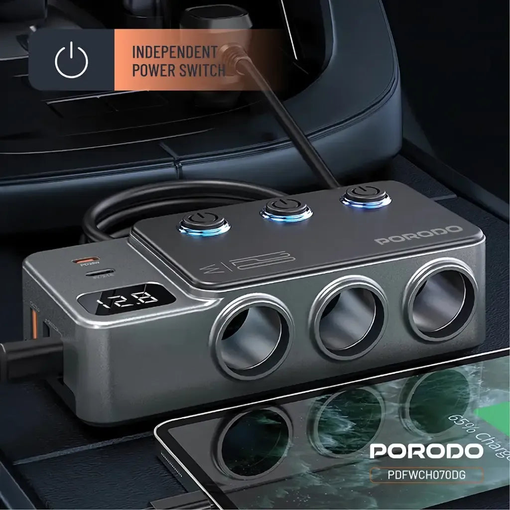 موزع شاحن سيارة Porodo بقدرة 120W مع ثلاث منافذ ومنفذ ولاعة - رمادي داكن 