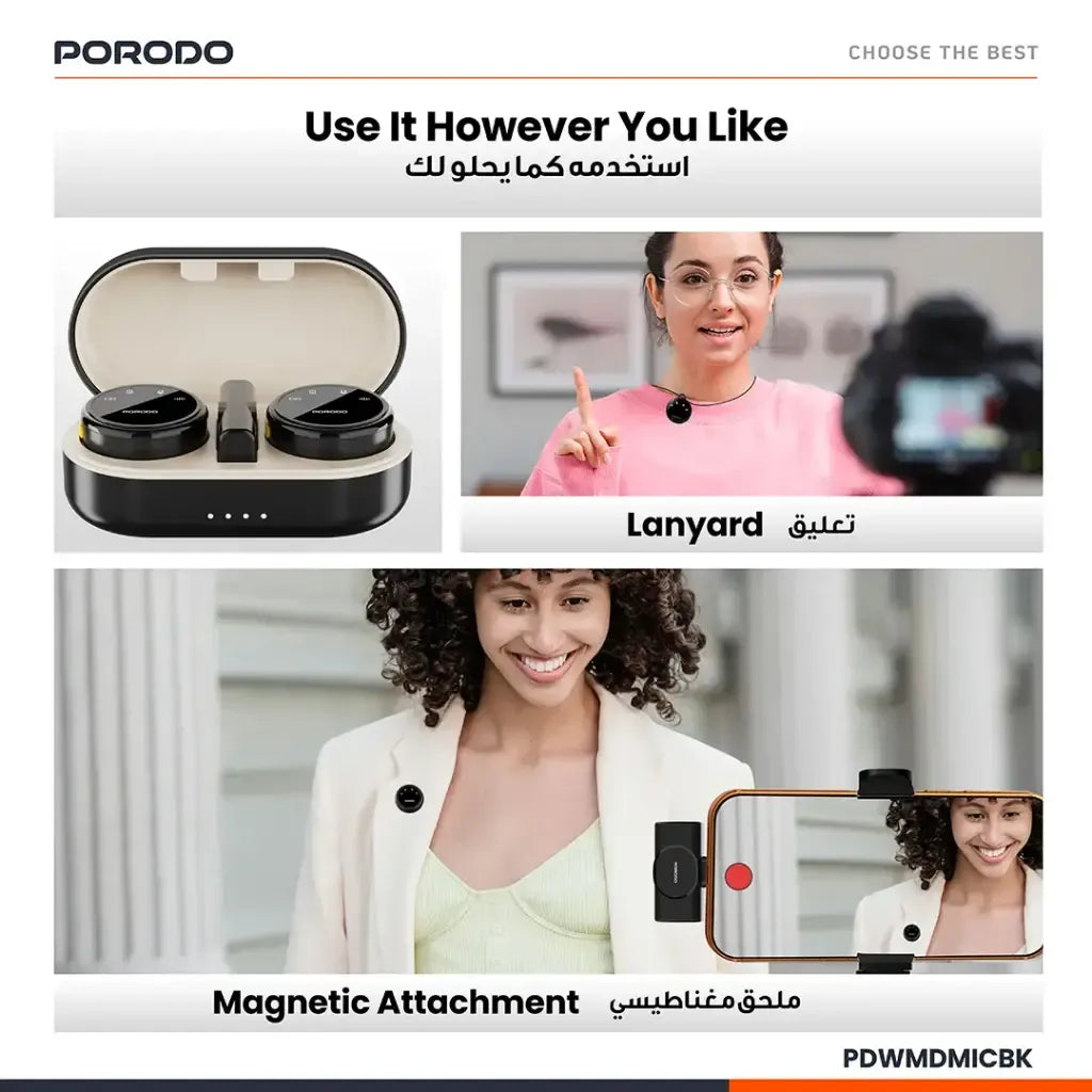 Porodo Lavalier Microphones Type-C Connector With Lightning Adapter
