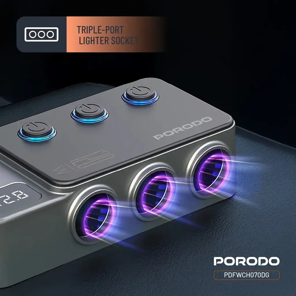 موزع شاحن سيارة Porodo بقدرة 120W مع ثلاث منافذ ومنفذ ولاعة - رمادي داكن 