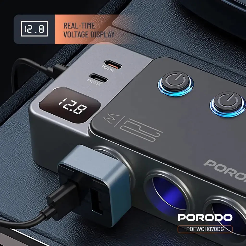 موزع شاحن سيارة Porodo بقدرة 120W مع ثلاث منافذ ومنفذ ولاعة - رمادي داكن 