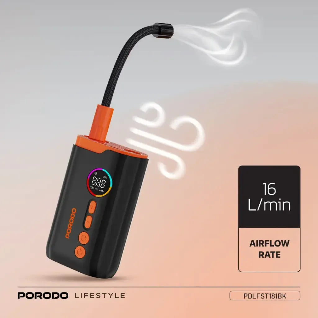 منفاخ هواء كهربائي Porodo Lifestyle بقوة ضغط عالية ومصباح مدمج - أسود 