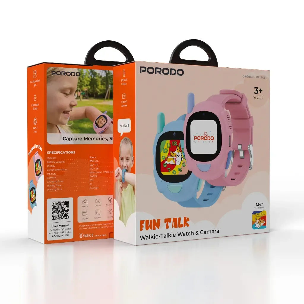 Porodo Kids Watch With Walkie-Talkie & Camera Pair Set (Pink+Blue)