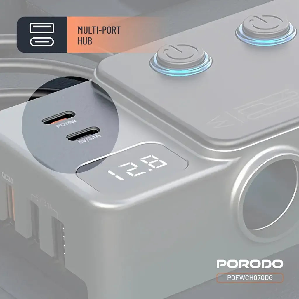 موزع شاحن سيارة Porodo بقدرة 120W مع ثلاث منافذ ومنفذ ولاعة - رمادي داكن 