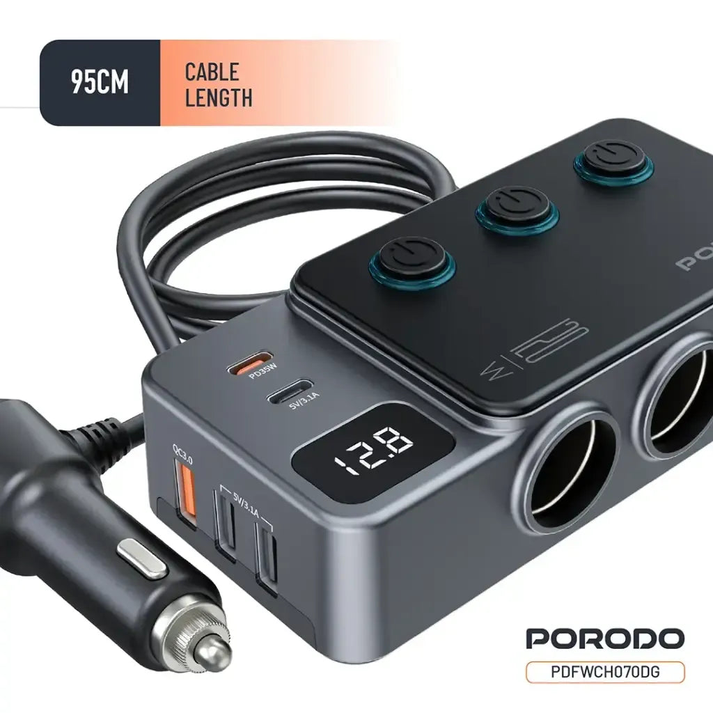 موزع شاحن سيارة Porodo بقدرة 120W مع ثلاث منافذ ومنفذ ولاعة - رمادي داكن 