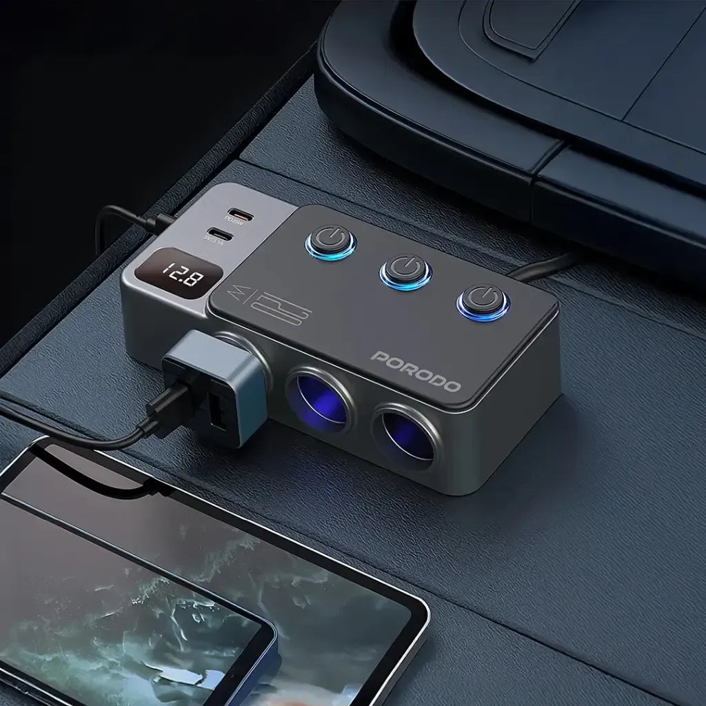 موزع شاحن سيارة Porodo بقدرة 120W مع ثلاث منافذ ومنفذ ولاعة - رمادي داكن 