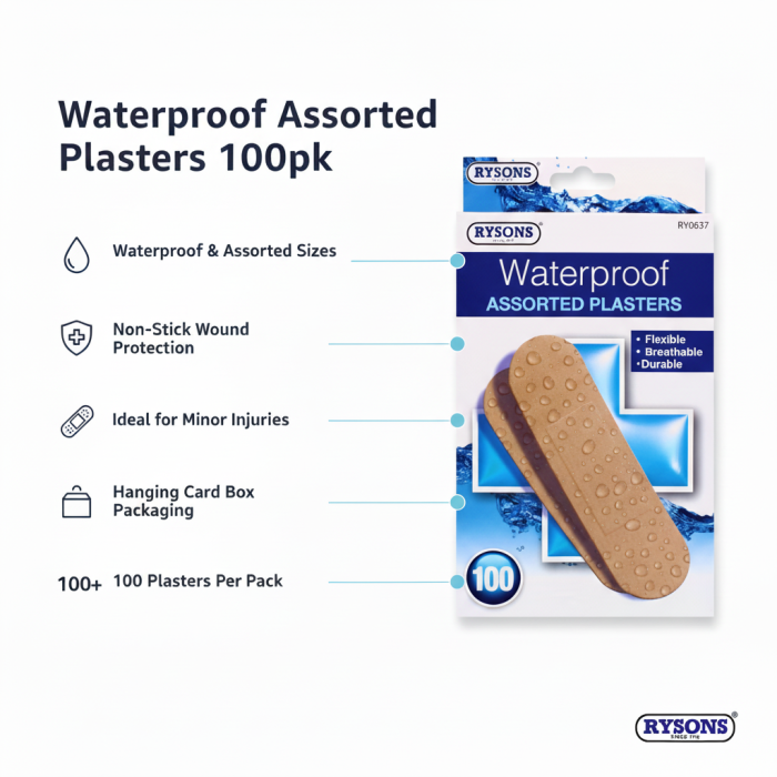 Rysons Waterproof Assorted Plasters - 100 Pack