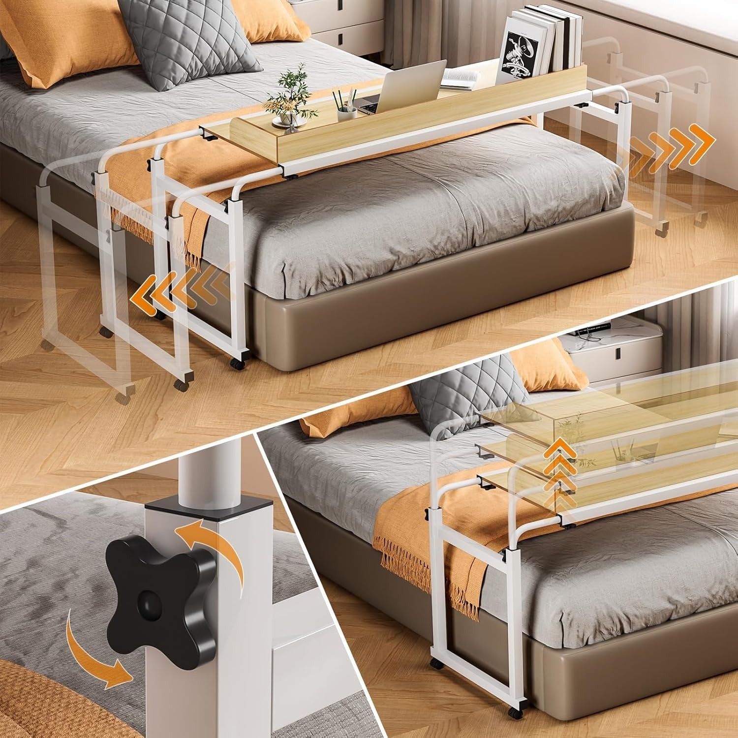Adjustable 120Cm Overbed Table with Wheels - Wooden