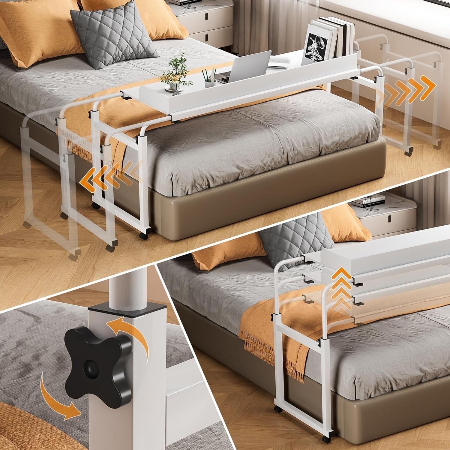 Adjustable 120Cm Overbed Table with Wheels - White