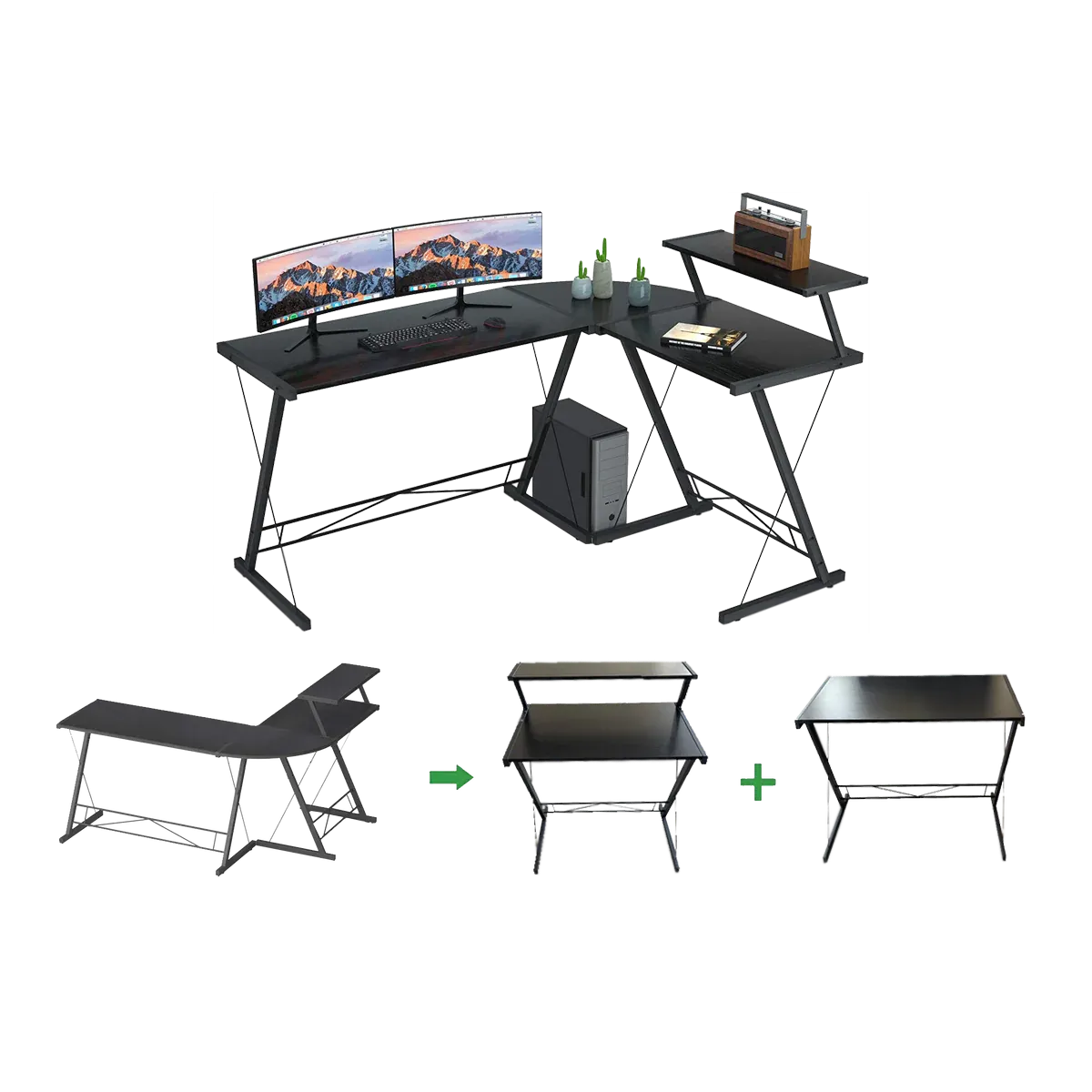 GAMEON 3 in 1 L-Shaped Slayer II XL Series Gaming Desk With Accessories Stand - Black