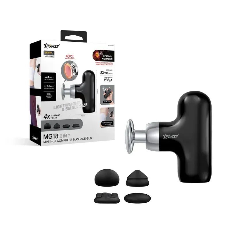 XPower MG18 2 in 1 Mini Hot Compress Massage Gun - Black