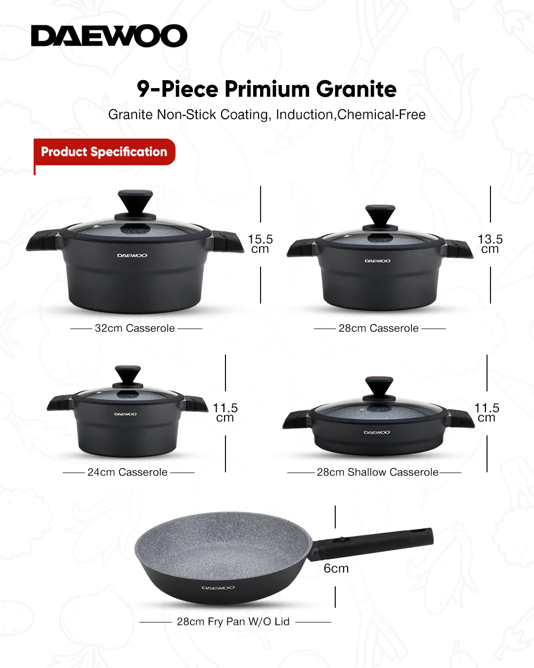 Daewoo Cookware Set of 9 PCS -DCS5X Black/Gray
