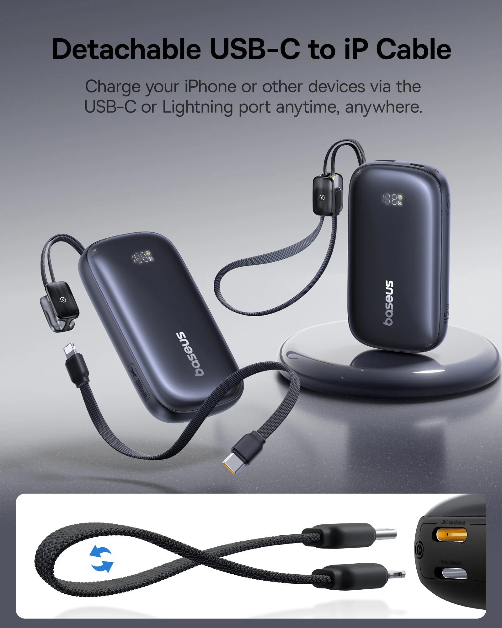 Baseus EnerFill FC21 QPow3 Power Bank 10000mAh 45W Digital Display with Detachable Cable – Black