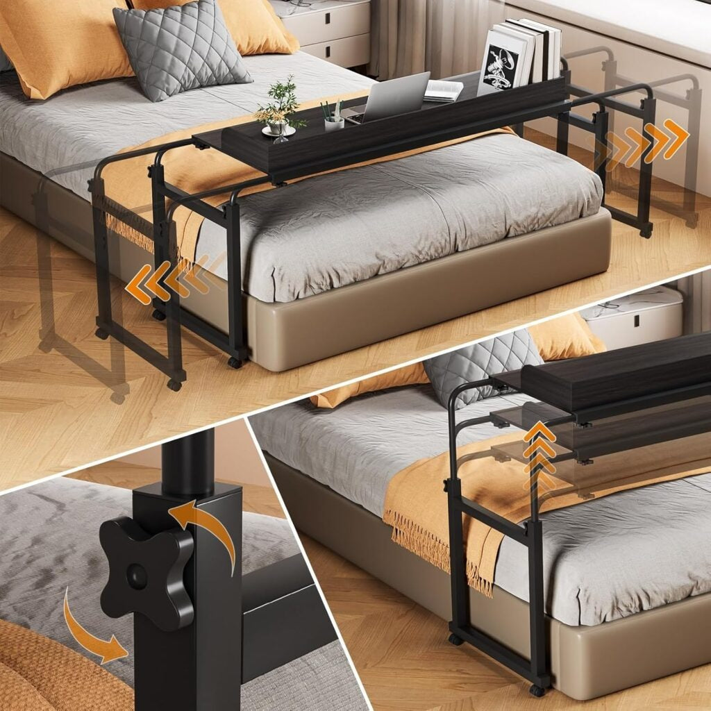 Adjustable 120Cm Overbed Table with Wheels - Black