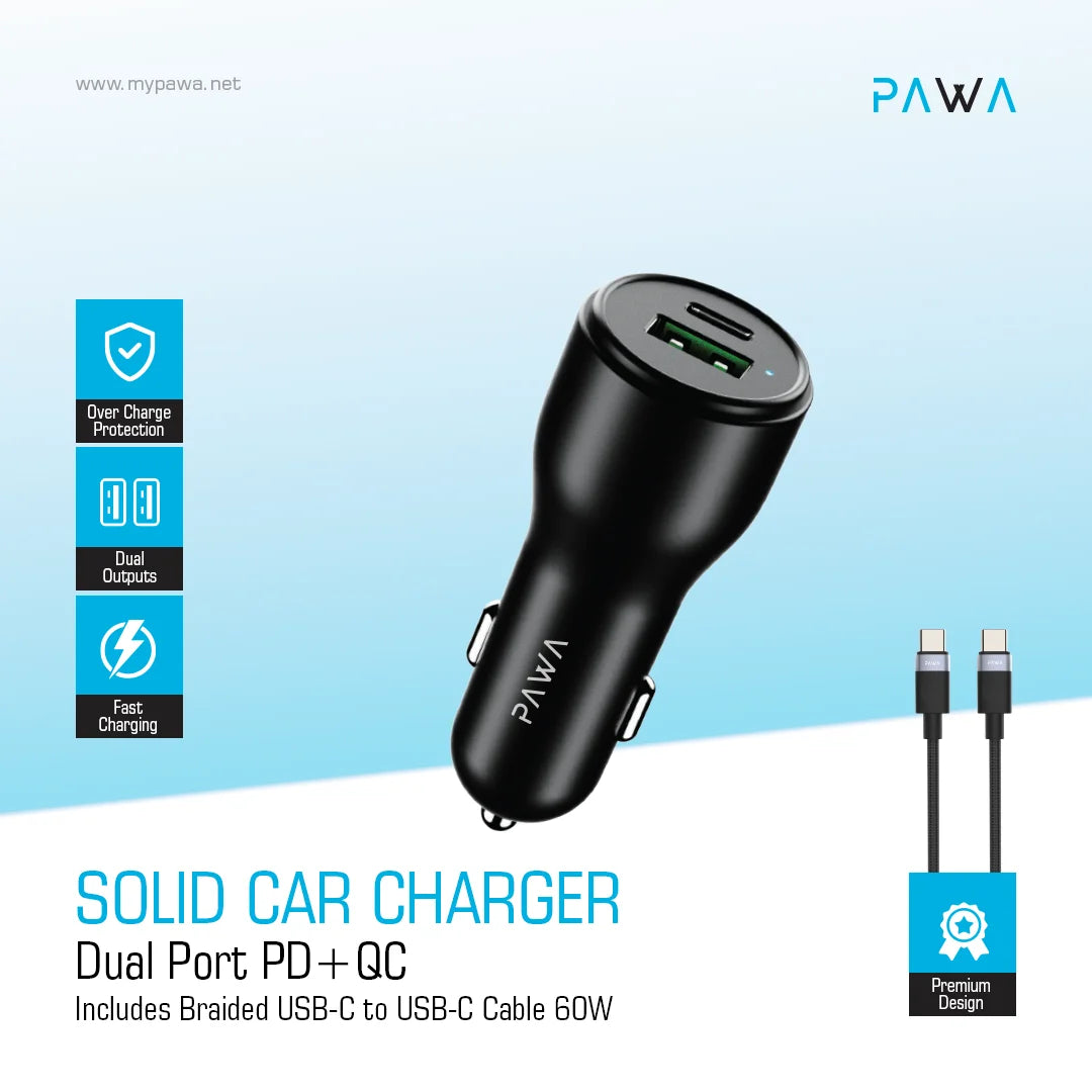 Pawa Solid Car Charger Dual Port PD+QC 51W With Braided Type-C To Type-C Cable