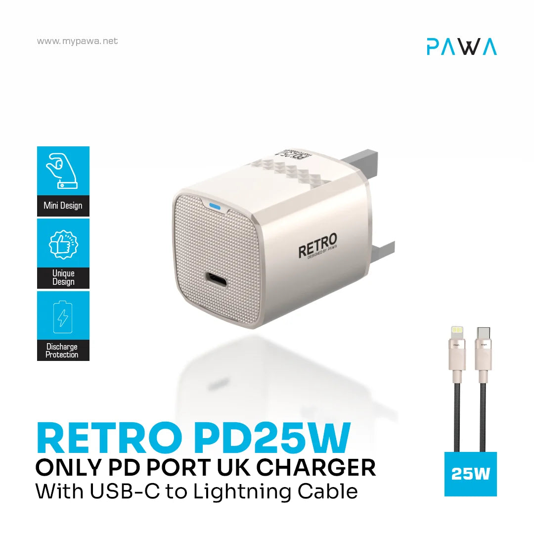 Pawa Retro 25W With Type-C Port Uk Plug With Type-C To Lightning Cable -Titanium